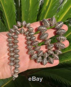 Early Pion Navajo Argent Stamped Cannele Hogan Banc Bead Pearls Necklace 92.8g