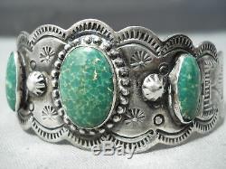 Early Vintage Navajo Cerrillos Turquoise Bracelet En Argent Sterling Tooled Main