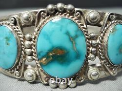 Early Vintage Navajo High Grade Carico Lac Turquoise Bracelet En Argent Sterling