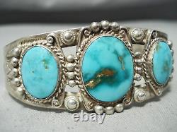 Early Vintage Navajo High Grade Carico Lac Turquoise Bracelet En Argent Sterling