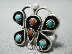 Early Vintage Navajo Snake Yeux Turquoise Corail Sterling Silver Butterfly Ring