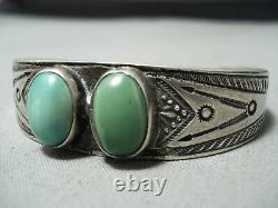 Early Vintage Navajo Très Vieux Bracelet Vert Turquoise Sterling Argent