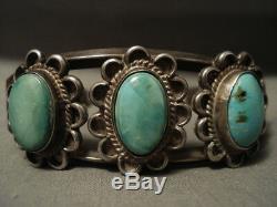 Early Vintage Navajo Turquoise Flower Bracelet En Argent Vieux