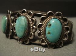 Early Vintage Navajo Turquoise Flower Bracelet En Argent Vieux