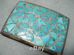 Early Vintage Zuni Turquoise Inlay En Argent Sterling Boucle Vieux