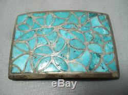 Early Vintage Zuni Turquoise Inlay En Argent Sterling Boucle Vieux