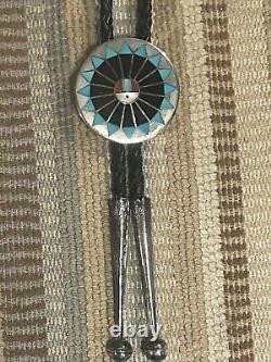 Early Zuni Fred & Lolita Natachu Sterling Mosaic Inlay Sundance Warrior Bolo Tie