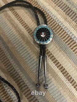 Early Zuni Fred & Lolita Natachu Sterling Mosaic Inlay Sundance Warrior Bolo Tie