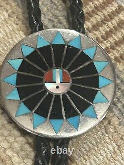 Early Zuni Fred & Lolita Natachu Sterling Mosaic Inlay Sundance Warrior Bolo Tie