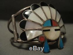 Énorme Vintage Early Chef Zuni / Navajo Turquoise Corail Bracelet Argent