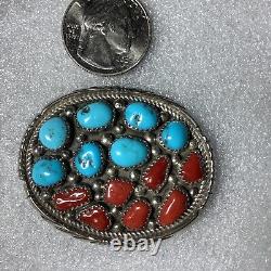 Épingle broche en argent sterling turquoise corail Navajo ancien. Poids 25g