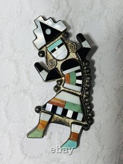 Épinglette broche en argent de Zuni Leo Poblano, vintage ancien amérindien Rainbowman