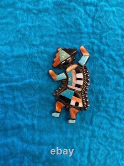 Épinglette broche en argent sterling incrusté Zuni vintage précoce amérindienne Rainbowman