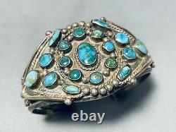 Fin 1800's Early 1900's Vintage Navajo Turquoise Coin Sterling Bracelet En Argent