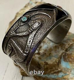 Finest Early Hopi Preston Monongye Cast Sterling & Multigem Inlay Cuff Bracelet