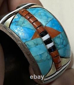 Finest Early Hopi Preston Monongye Cast Sterling & Multigem Inlay Cuff Bracelet