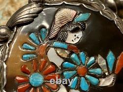 Finest Old Pawn Early Zuni Sterling Multi-gem Inlay Zuni Dancer Pendentif Collier