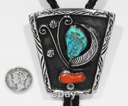 GRANDE ANCIENNE BOUCLE D'AGRAFE NAVAJO SIGNÉE EN ARGENT 925 AVEC TURQUOISE KINGMAN ET CORAIL DES ANNÉES 70