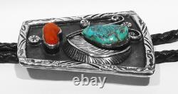 GRANDE ANCIENNE BOUCLE D'AGRAFE NAVAJO SIGNÉE EN ARGENT 925 AVEC TURQUOISE KINGMAN ET CORAIL DES ANNÉES 70