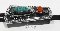 GRANDE ANCIENNE BOUCLE D'AGRAFE NAVAJO SIGNÉE EN ARGENT 925 AVEC TURQUOISE KINGMAN ET CORAIL DES ANNÉES 70