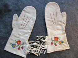 Gants en cuir américains anciens, moufles à gantelet brodées de motifs autochtones, Jour-03212