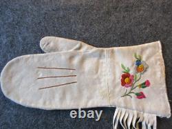 Gants en cuir américains anciens, moufles à gantelet brodées de motifs autochtones, Jour-03212