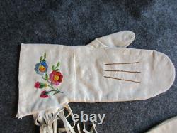 Gants en cuir américains anciens, moufles à gantelet brodées de motifs autochtones, Jour-03212