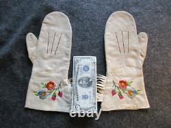 Gants en cuir américains anciens, moufles à gantelet brodées de motifs autochtones, Jour-03212