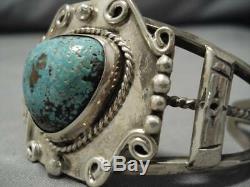 Hou La La! Très Tôt Dépôt # 8 Turquoise Vintage Navajo En Argent Sterling Bracelet Vieux