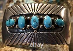 Important Early Hopi Preston Monongye Sterling Gem Blue Turquoise Cuff Bracelet
