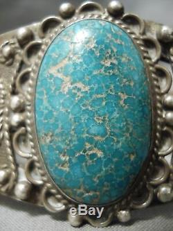Important Early Vintage Navajo Lone Mountain Turquoise Bracelet En Argent Sterling