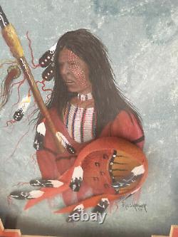 Jim Redhawk 1992 Peinture Originale Signée, Amérindienne, Début De Travail Cuir &