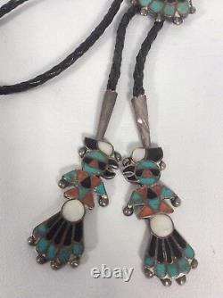 Les Premiers Amérindiens Zuni Sterling Turquoise Coral Bird Bolo Tie