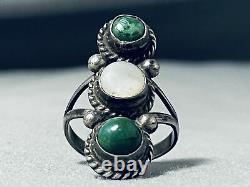 Magnifique Vintage Navajo Early Green Turquoise Sterling Silver Ring Old