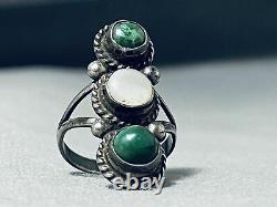 Magnifique Vintage Navajo Early Green Turquoise Sterling Silver Ring Old