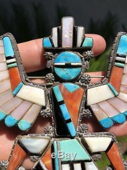 Massive Early Old Zuni Argent Turquoise Knifewing Kachina Bolo Broche Pendentif