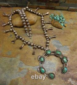 Navajo Silver Early Kingman Turquoise Squash Blossom Necklace Native Old Pawn
