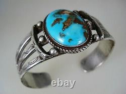 Old Navajo Handwrought Ingot Silver & Natural Turquoise Bracelet Pré-estampage