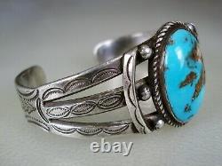 Old Navajo Handwrought Ingot Silver & Natural Turquoise Bracelet Pré-estampage
