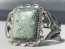 Opulent Début Vintage Navajo Vert Turquoise Sterling Bracelet En Argent