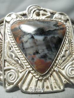 Opulent Early Vintage Navajo Bois Pétrifié En Argent Sterling Thunderbird Bracelet