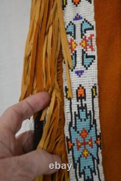 Pantalon en cuir antique avec franges perlées amérindiennes taille 36 original