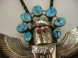 Pawn Tôt Grand Argent Sterling Turquoise Coral Eagle Kachina Bolo Tie Navajo