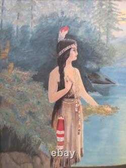 Peinture à l'huile sur toile d'une jeune fille amérindienne antique du début du 19e siècle