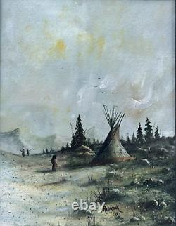 Peinture acrylique originale de Jim Redhawk, Native American, 5 x 7, Camp d'automne 2003