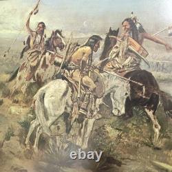 Peinture occidentale antique de 1902 signée C. M. Russell Indiens lithographie signée