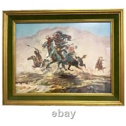Peinture occidentale antique de 1902 signée C. M. Russell, lithographie signée représentant des Indiens