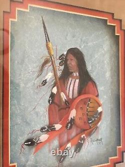 Peinture originale de Jim Redhawk, Amérindien, œuvre mixte en cuir et médias variés