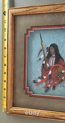 Peinture originale de Jim Redhawk, Amérindien, œuvre mixte en cuir et médias variés