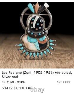 Pendentif précoce en corail, nacre et turquoise de Leo Poblano, le dieu du feu Kachina zuni.